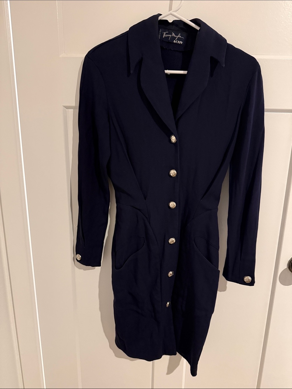Thierry Mugler Navy Long-Sleeve Button Dress
